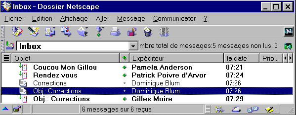 Liste des courriers dans la boite aux lettres de lecture